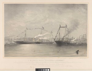 H.M. Statsyacht Victoria & Albert forlader Gravesend med deres kongelige højheder prinsen og prinsessen Frederik Vilhelm af Preussen, 2. februar 1858    Signeret af kunstner i tallerken. utilgængelig